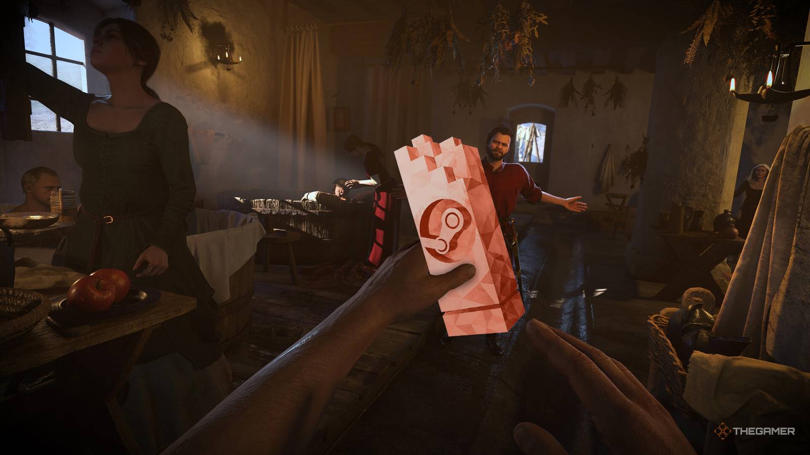 Kingdom Come Deliverance 2 player holding a Steam Award in a tavern.