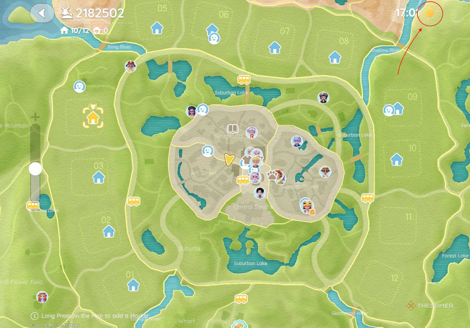 Map of Heartopia with arrow pointing at weather.