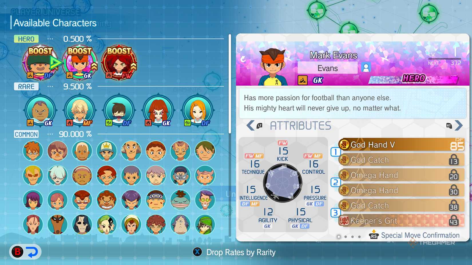 Mark Evans stats in Inazuma Eleven: Victory Road.