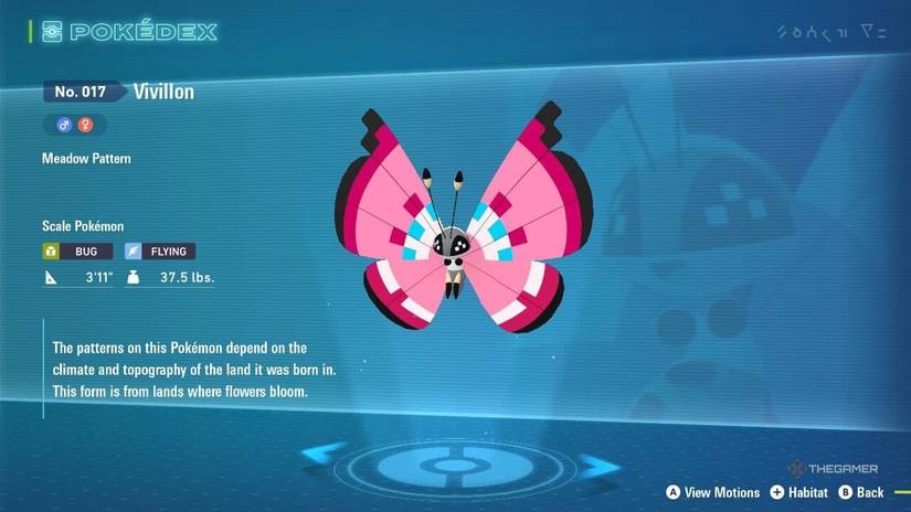 Meadow Vivillion in the Pokedex in Pokemon Legends Z-A.