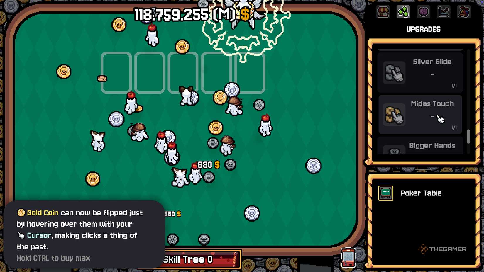 The Midas Touch upgrade is highlighted in the gambling table.