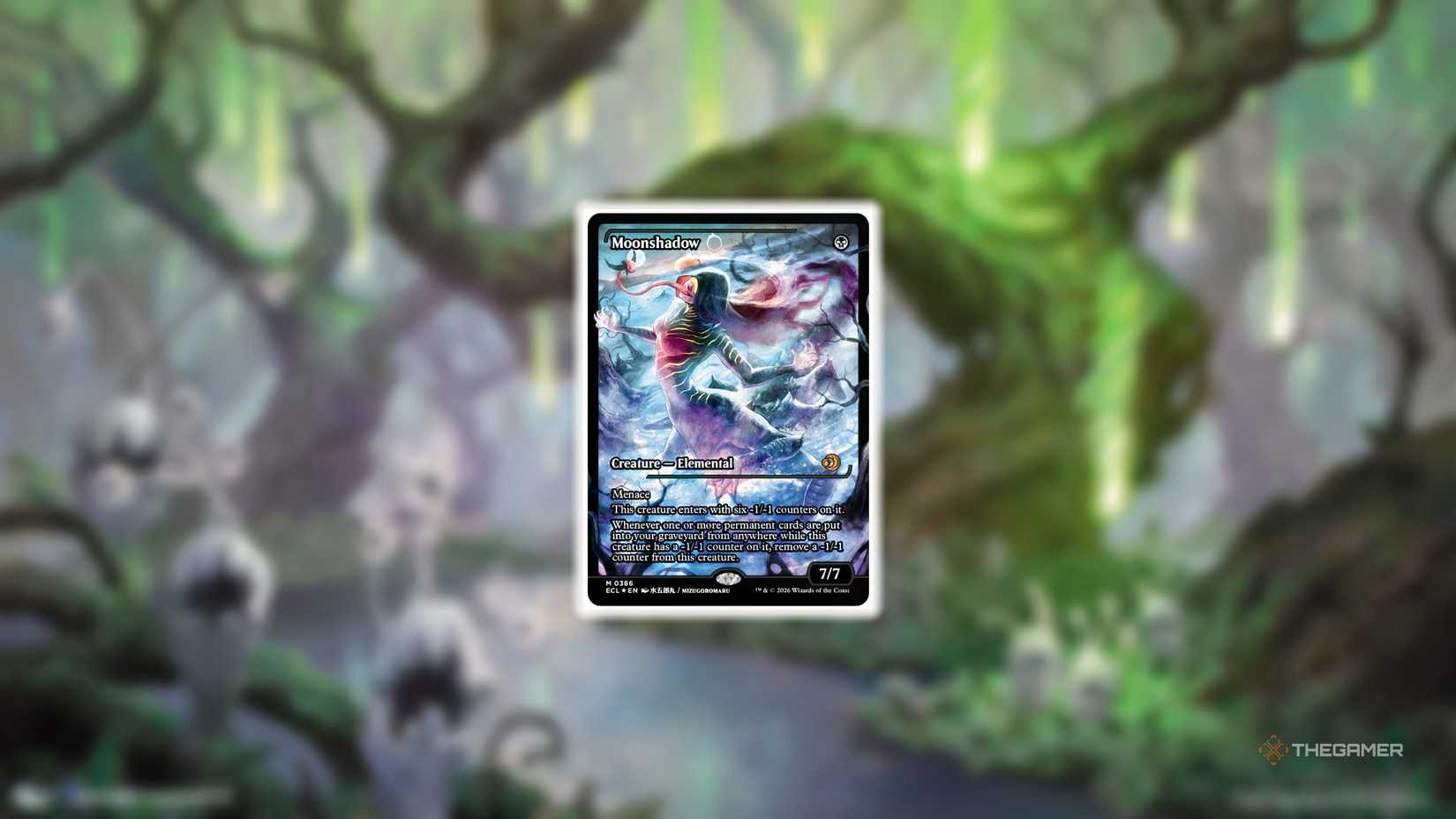 Moonshadow Japanese card art from MTG Lorwyn Eclipsed against a swamp background.