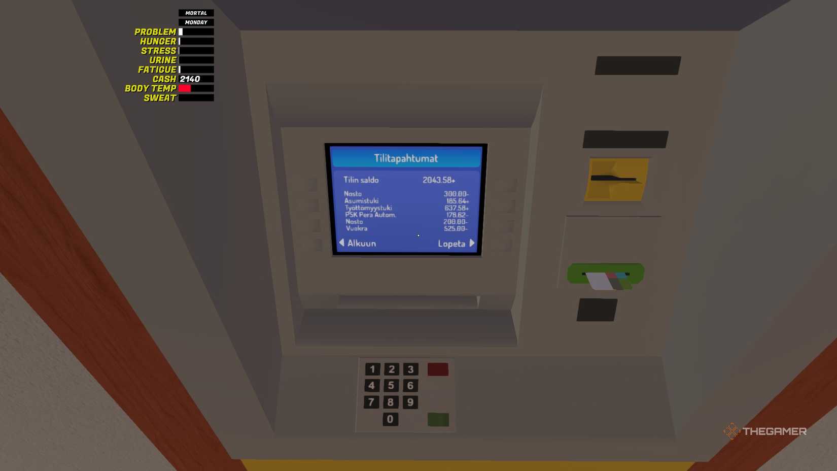 An ATM showing the player's current bank account balance in My Winter Car.