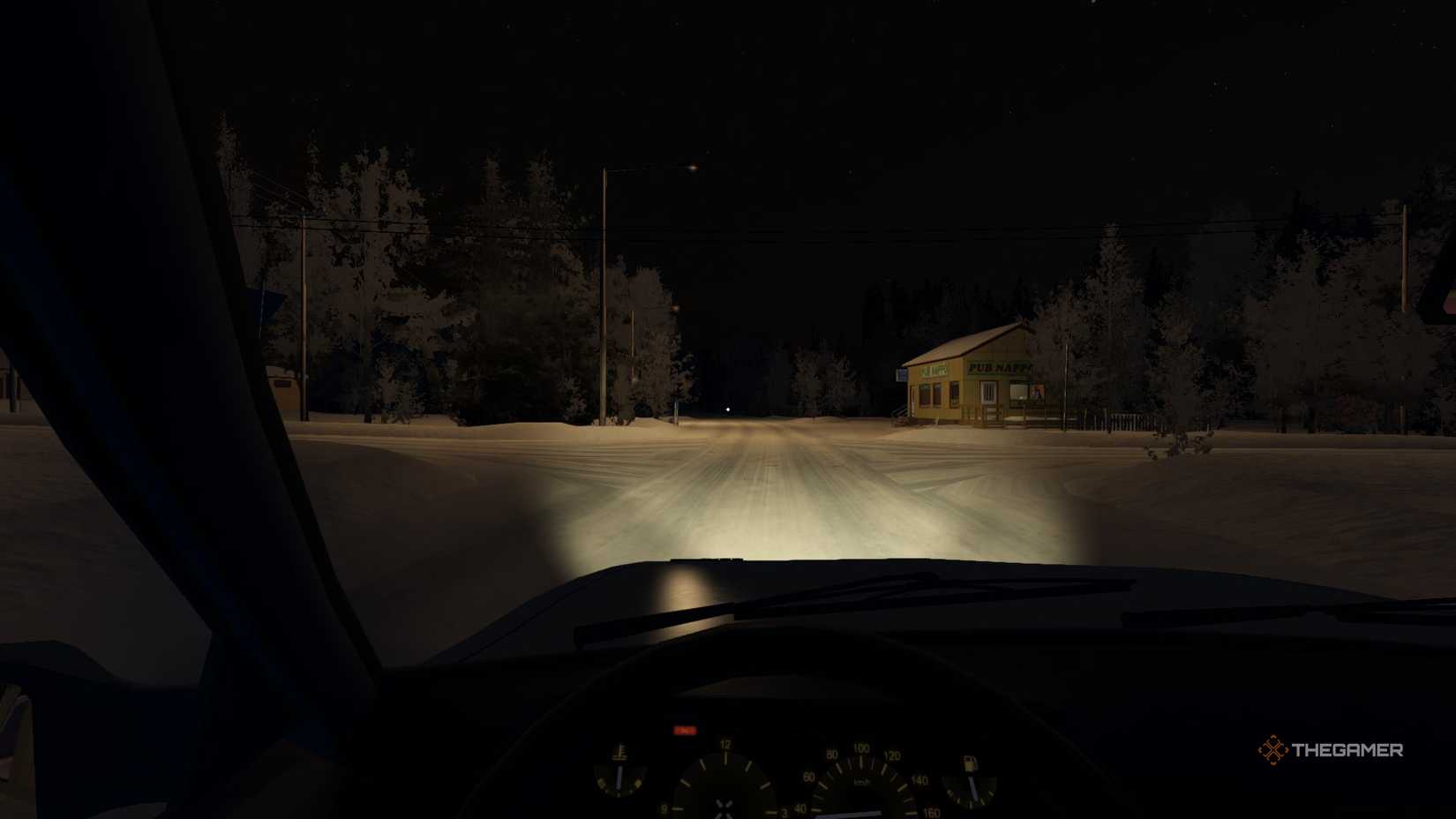 Driving at night on the main road in My Winter Car.