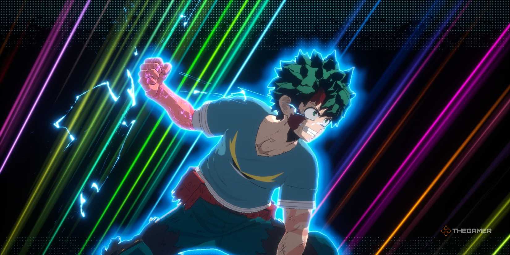 Deku charing a Detroit Smash in My Hero Academia: All's Justice.