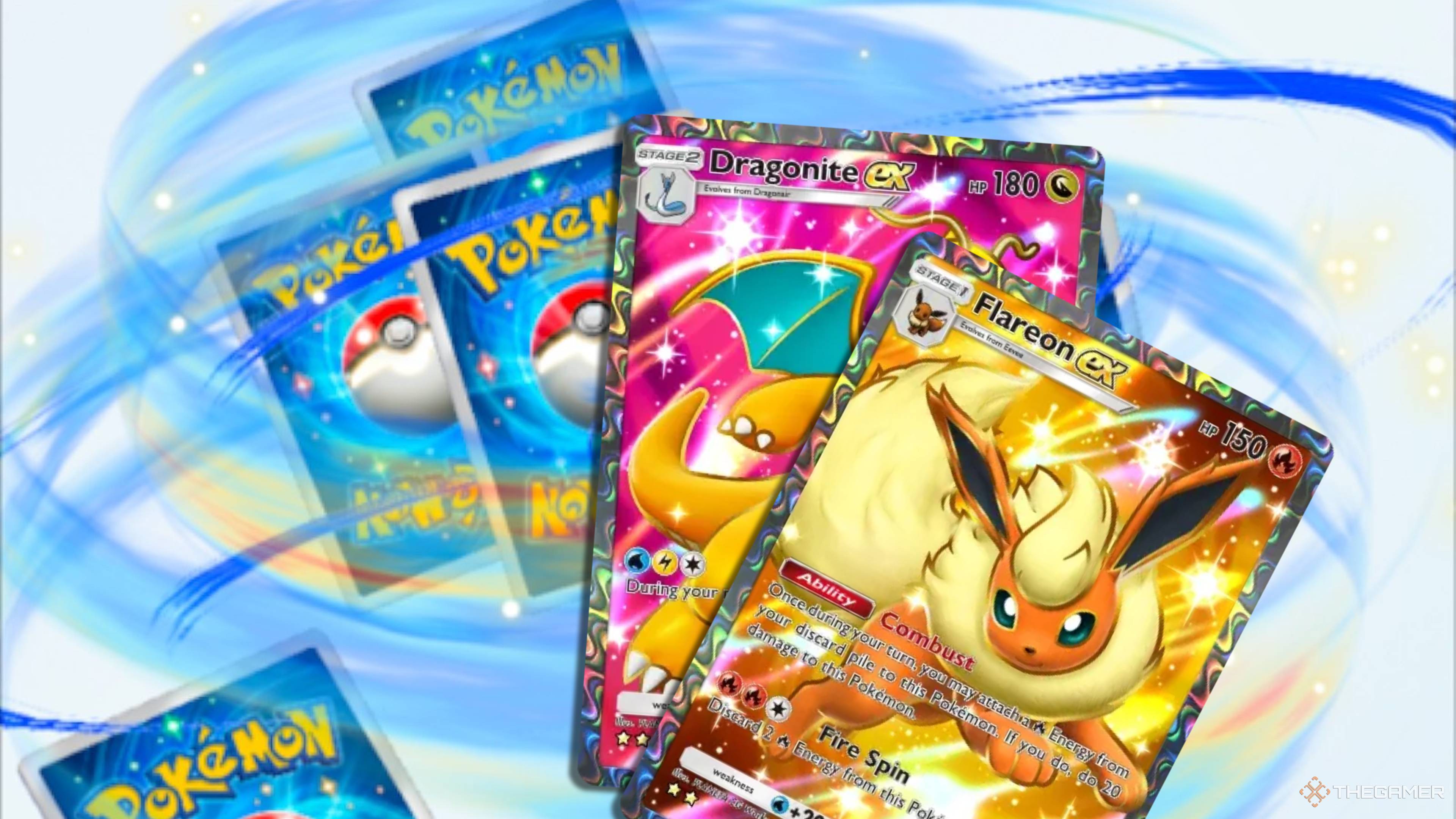 dragonite and flareon pokemon pocket cards on a spinning wonder pick cards background.