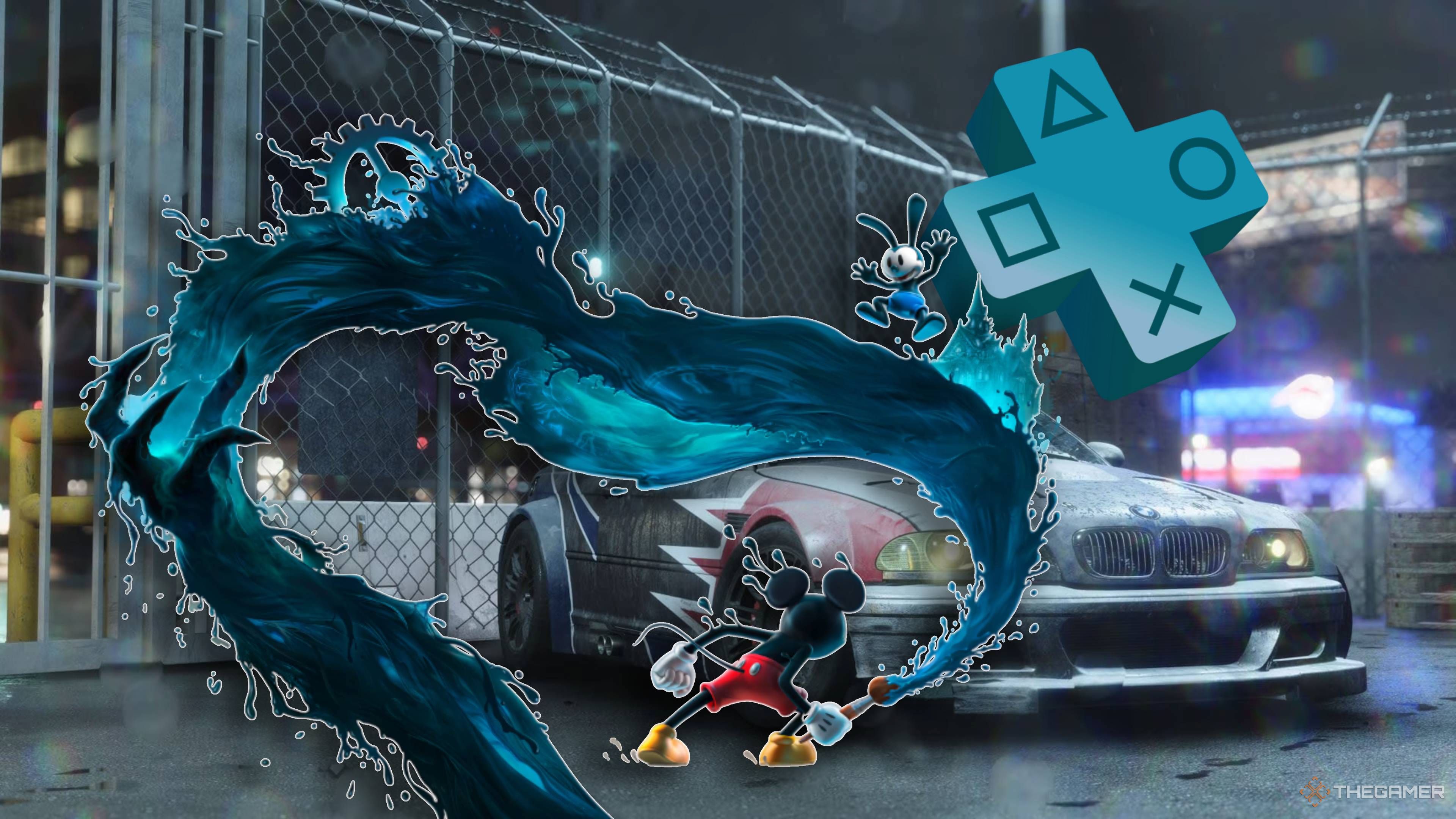 mickey mouse painting a car in nfs unbound and the ps plus logo.