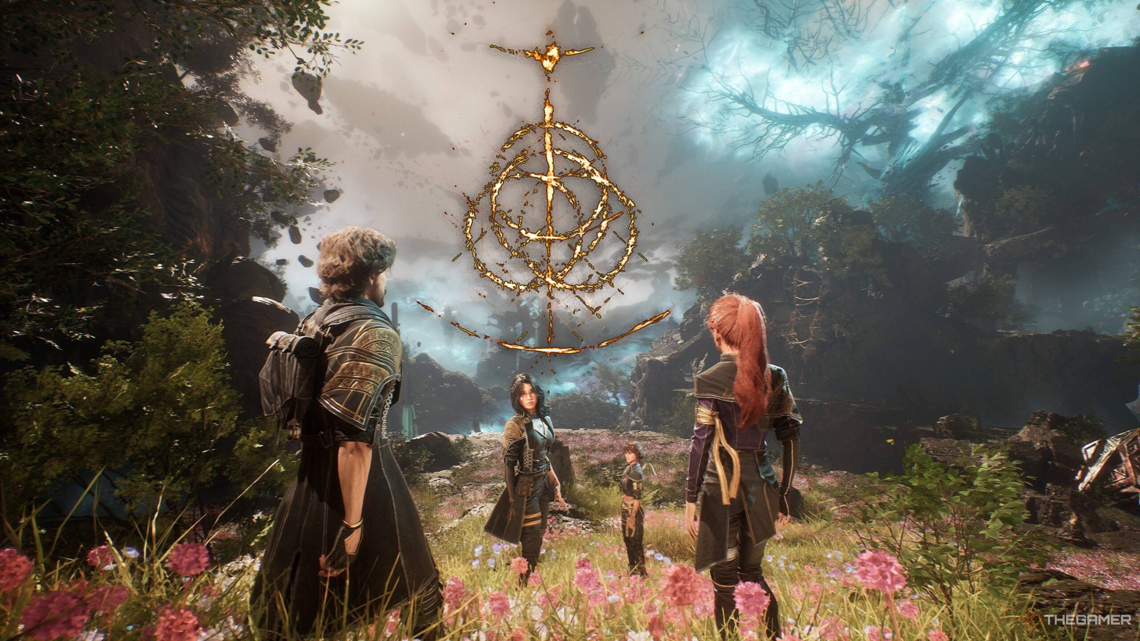 elden ring symbol in the sky over clair obscur characters.
