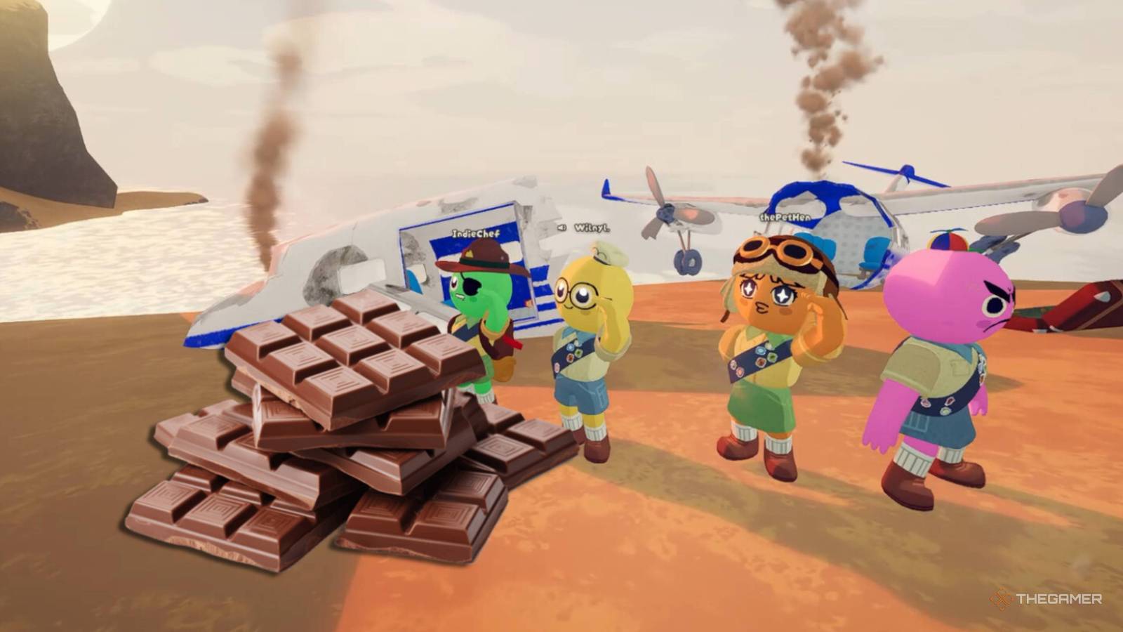 peak characters saluting a pile of chocolate.