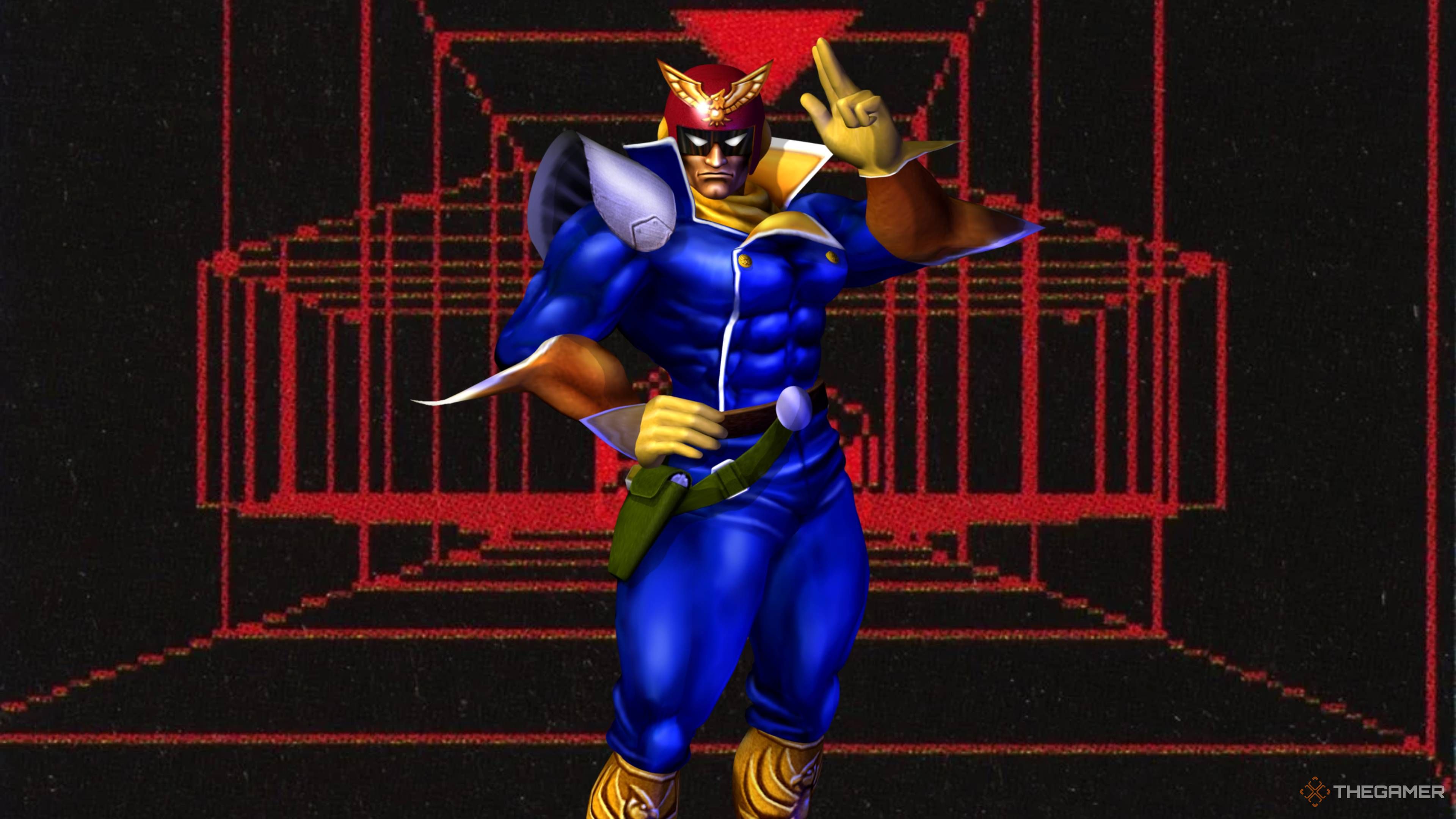 Captain Falcon standing in front of the Zero Racer track.