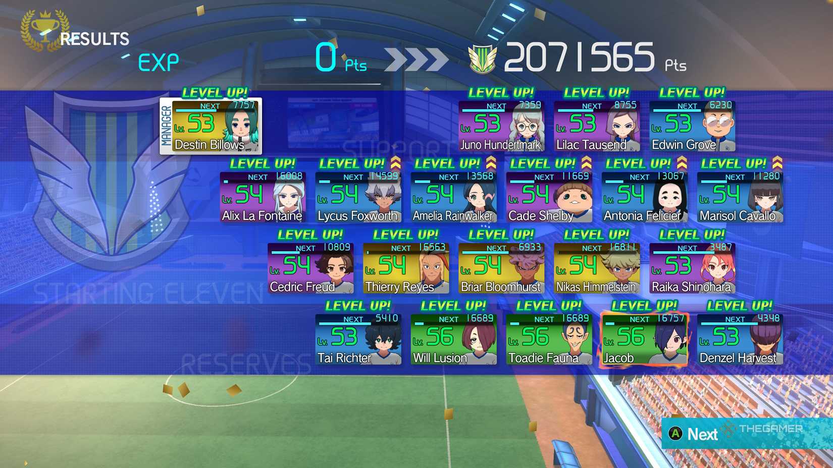 Players leveling up after an online match in Inazuma Eleven: Victory Road.