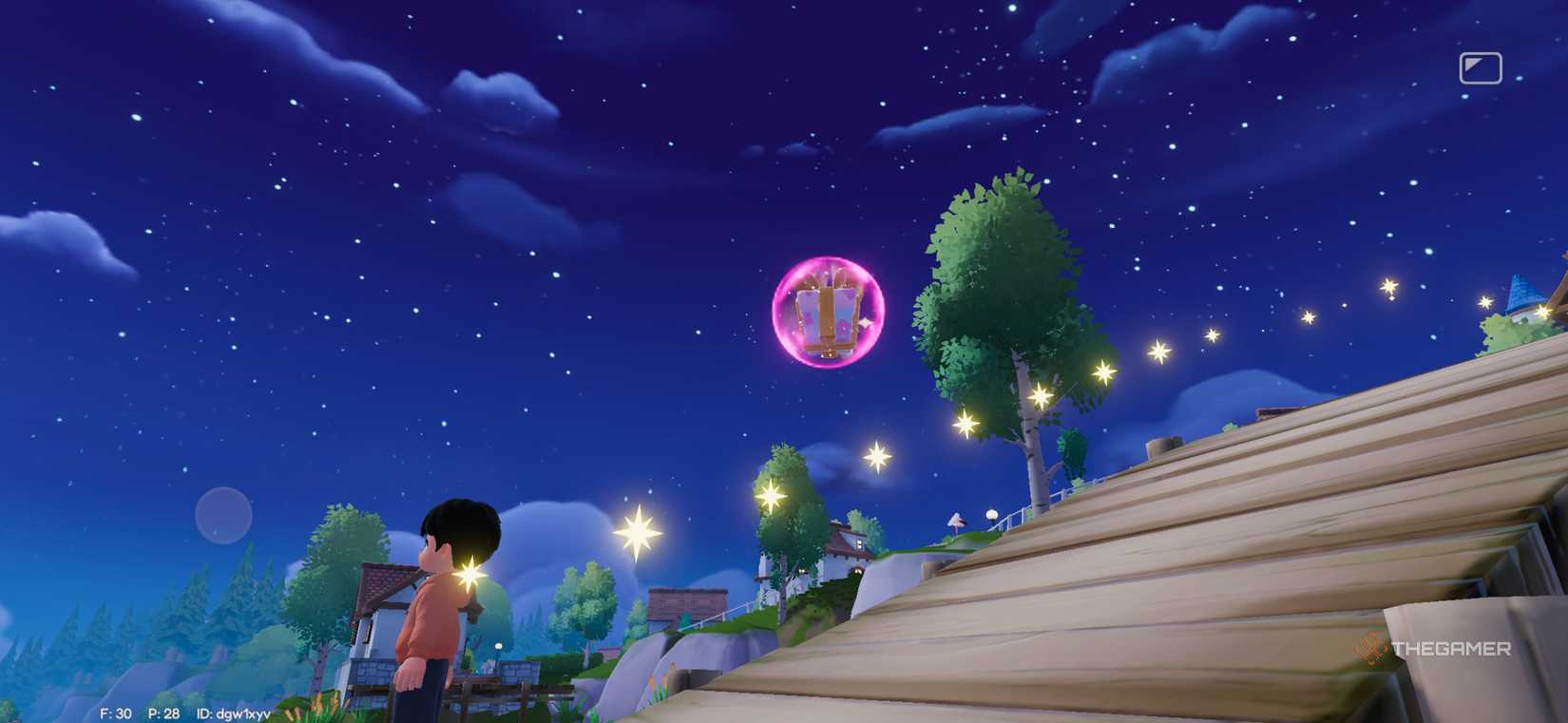 A pink bubble in the air above the player in Heartopia.
