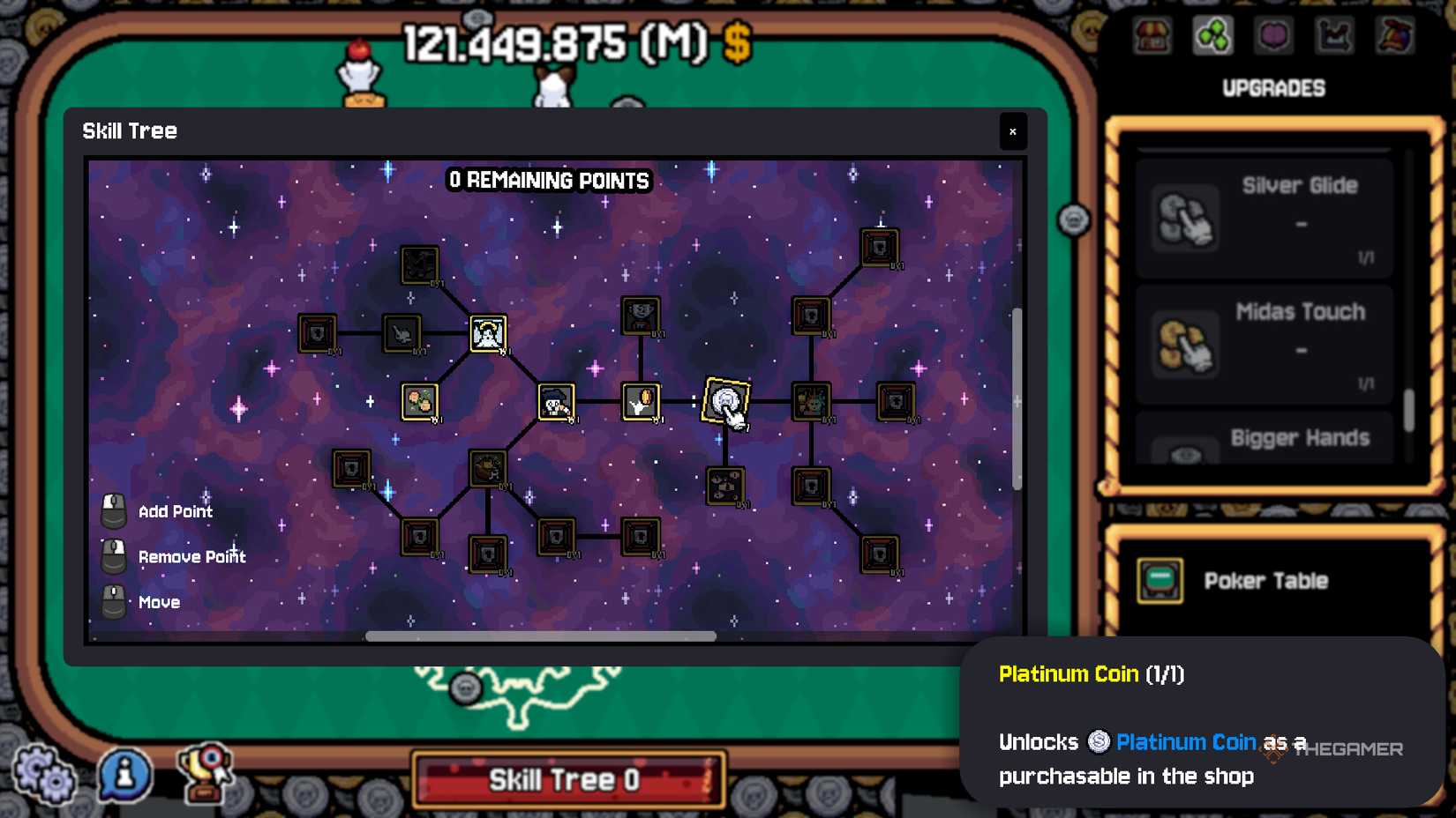 Platinum coin skill highlighted in gambling table.