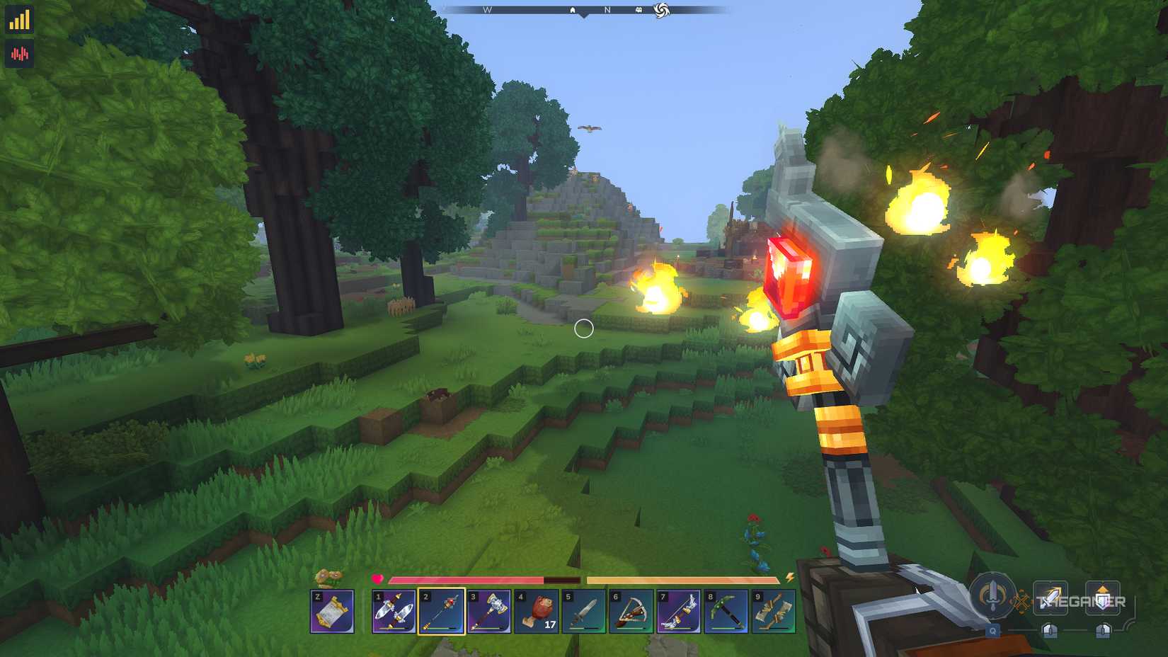 Players holding a Flame Crystal Staff in Hytale.
