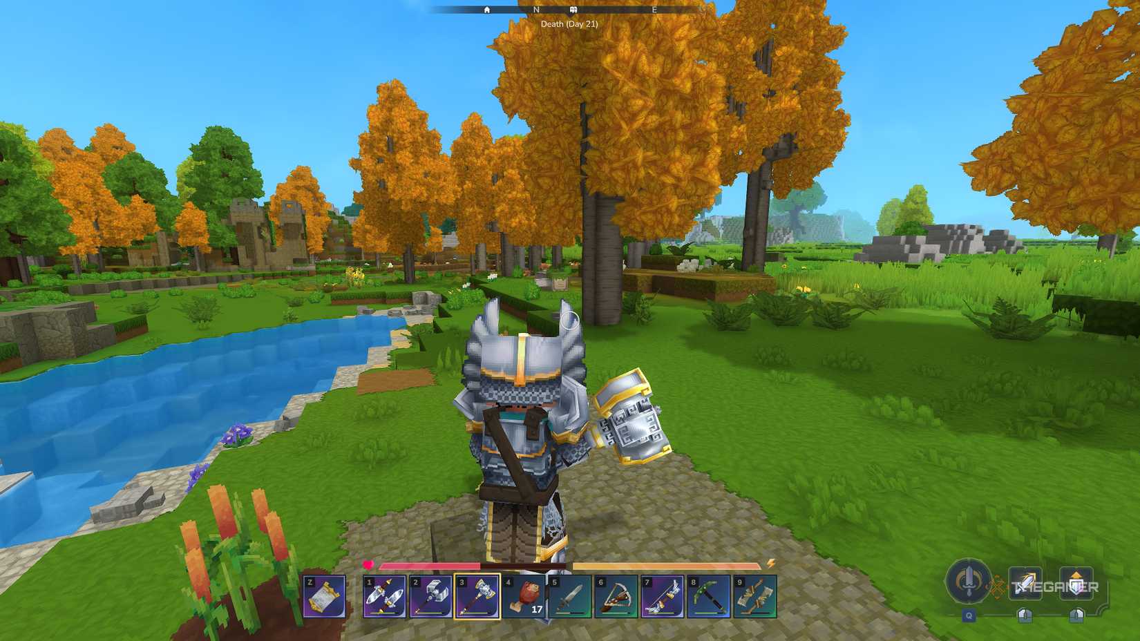 Player in third-person, holding a mace in Hytale.