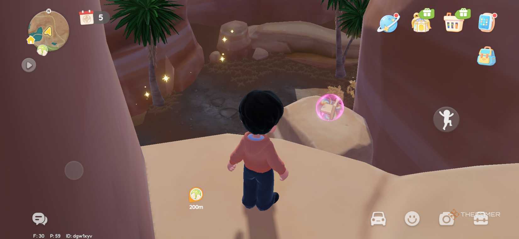 The player looks at the pink bubble in Heartopia.