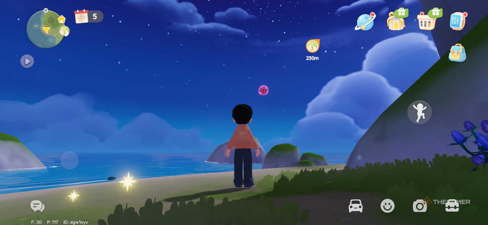 The player looks up at a pink bubble in the sky in Heartopia.