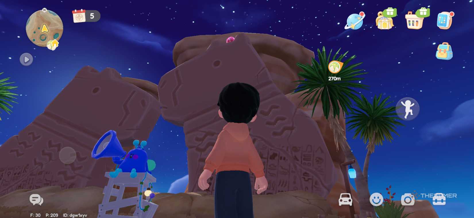The player looks up at the statue in Heartopia.