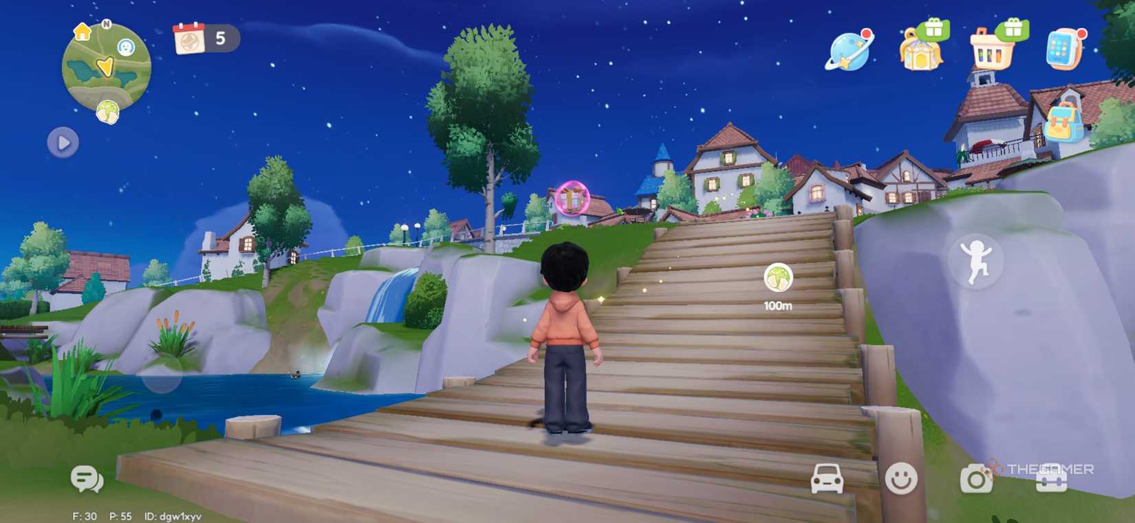 Player on a bridge next to a suburban lake in Heartopia.