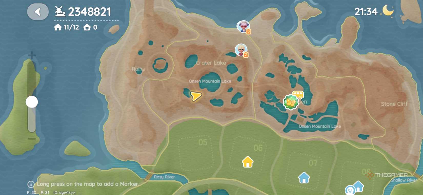 The player on the map near the Onsen mountain lake in Heartopia.