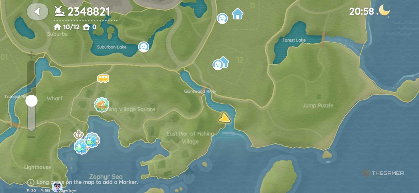 Map player on the edge of the fishing village's east pier in Heartopia.