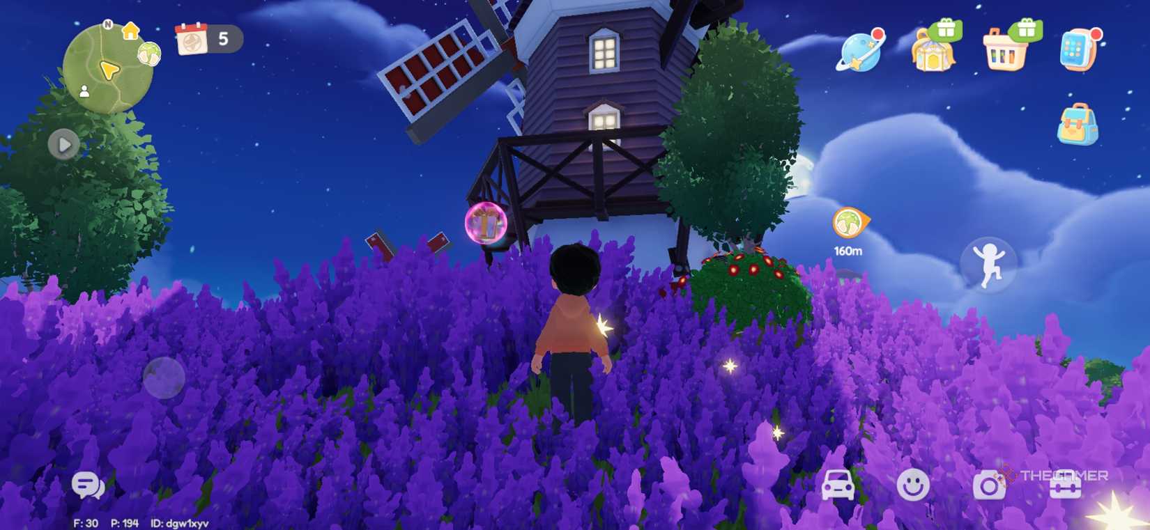 Player standing in purple flowers in Heartopia.