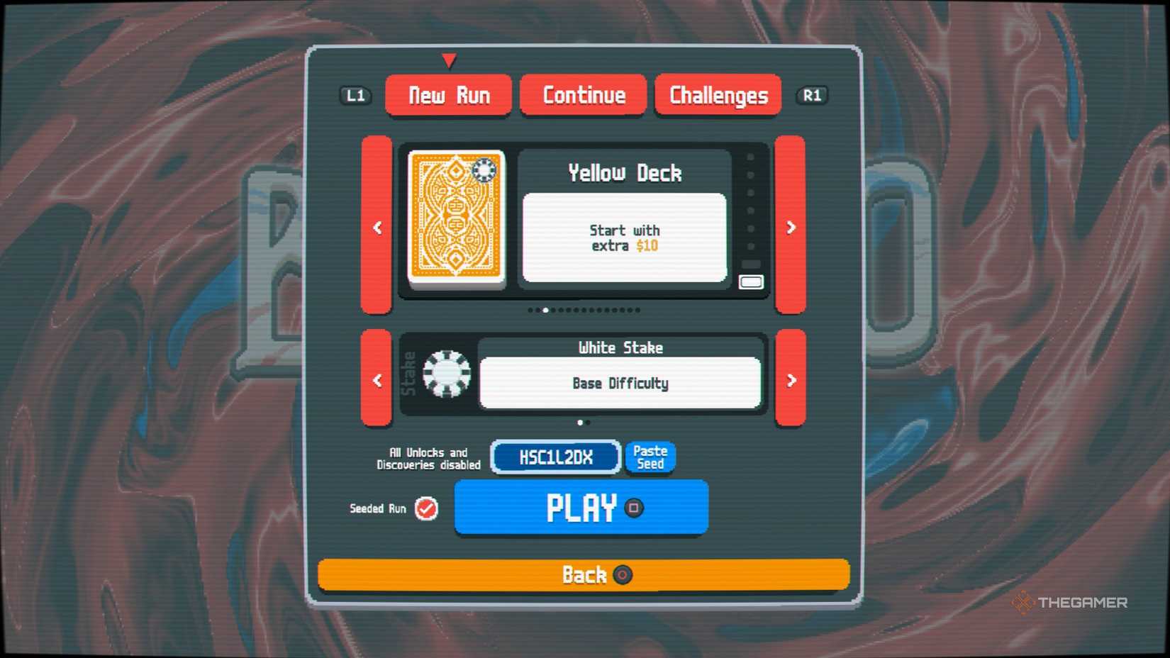 Spela seed HSC1L2DX med en Yellow Deck i Balatro för en hög poäng.