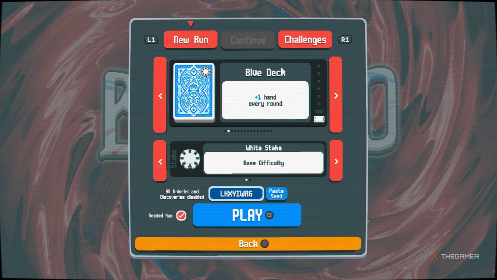 Spelar seed LHXYIWR6 med en Blue Deck i Balatro.