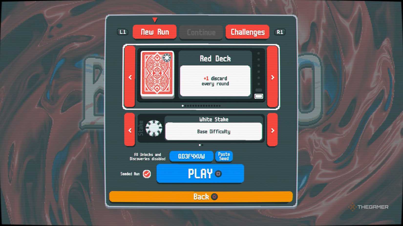 Spelar seed QD3F4XVW med en Red Deck i Balatro för en hög poäng.