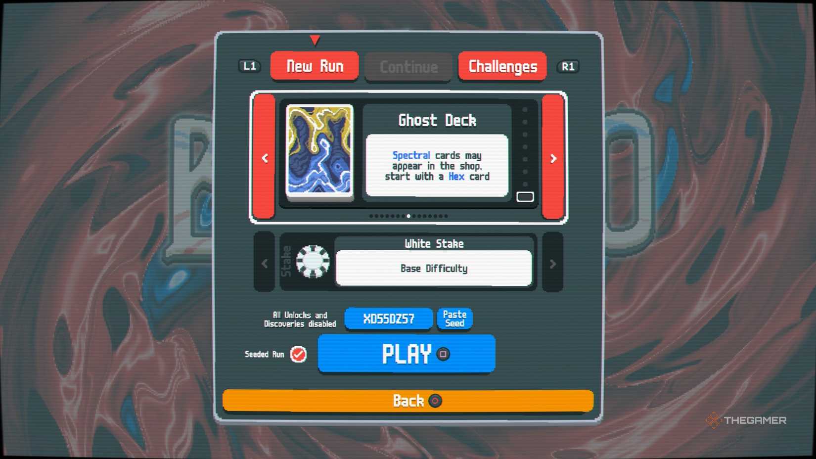 Spelar seed XD55DZ57 med en Ghost Deck i Balatro.