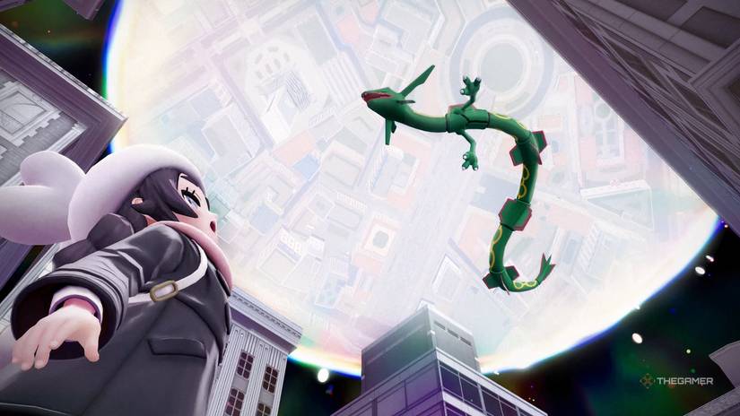 Rayquaza flying high above Ansha in Pokemon Legends: ZA.