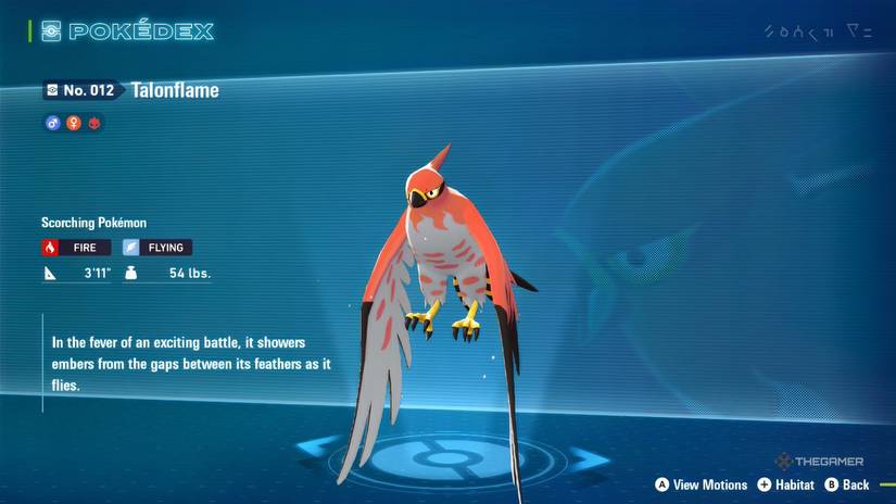 Talonflame Pokedex Entry in Pokemon Legends: ZA.