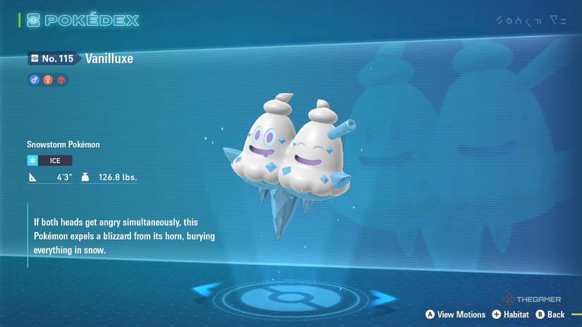 Vanilluxe's ​​Pokedex entry in Pokemon Legends: ZA.