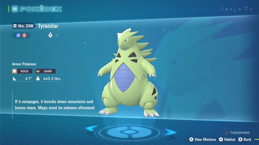Tyranitar's Pokedex entry in Pokemon Legends: ZA.