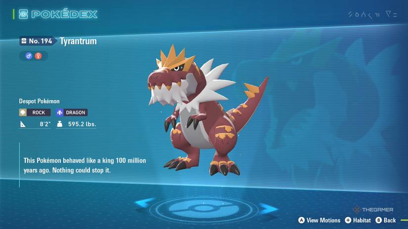 Tyrantrum's Pokedex entry in Pokemon Legends: ZA.