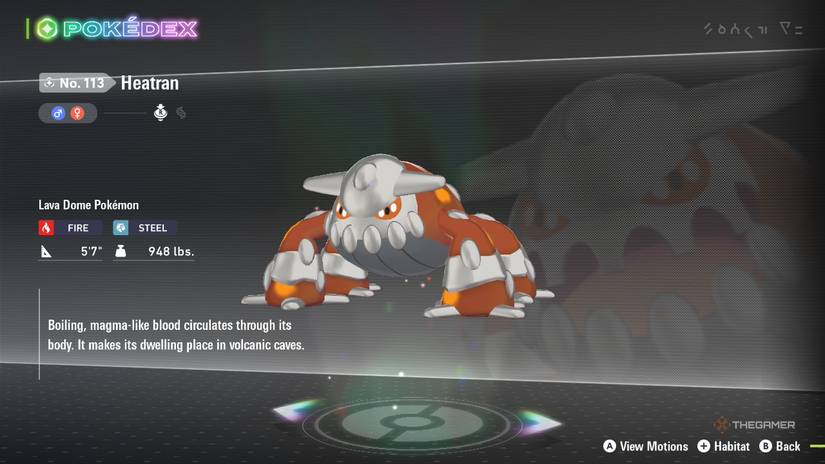 Heatran's Pokedex entry in Pokemon Legends: ZA.