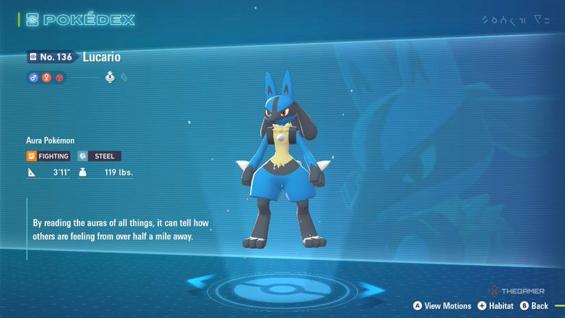 Lucario's Pokedex entry in Pokemon Legends: ZA.