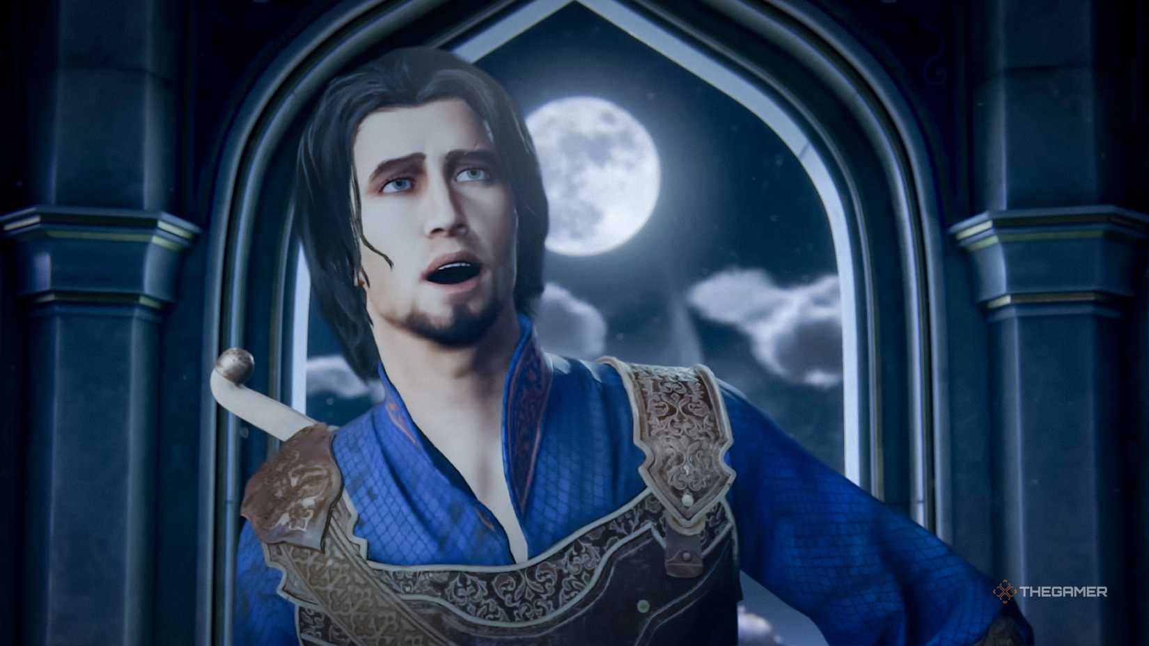 Prince of Persia Sands of Time remake Prince in front of a window where the full moon can be seen.