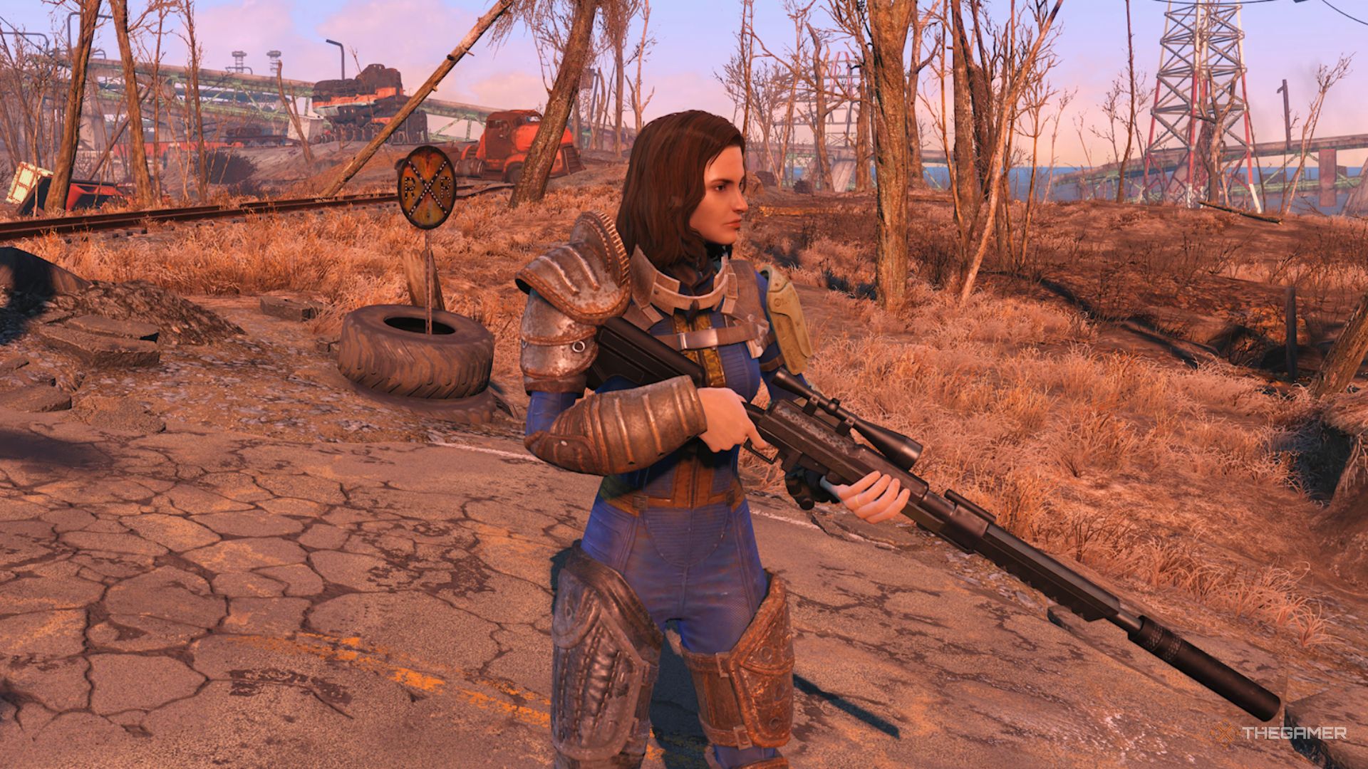 Protagonist holding a sniper in Fallout 4.