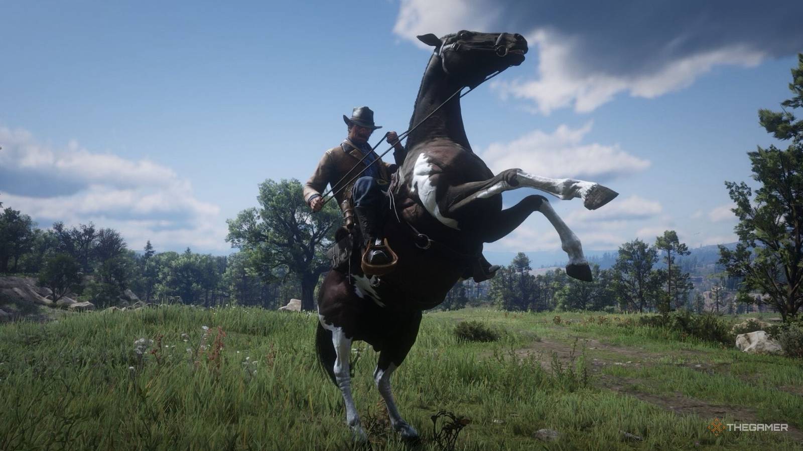 Arthur Morgan riding a horse in Red Dead Redemption 2.