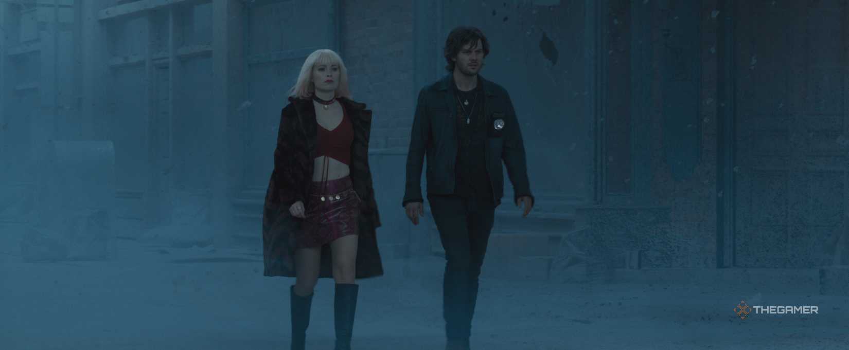 James and Maria walk the snowy streets of Silent Hill in Return to Silent Hill.