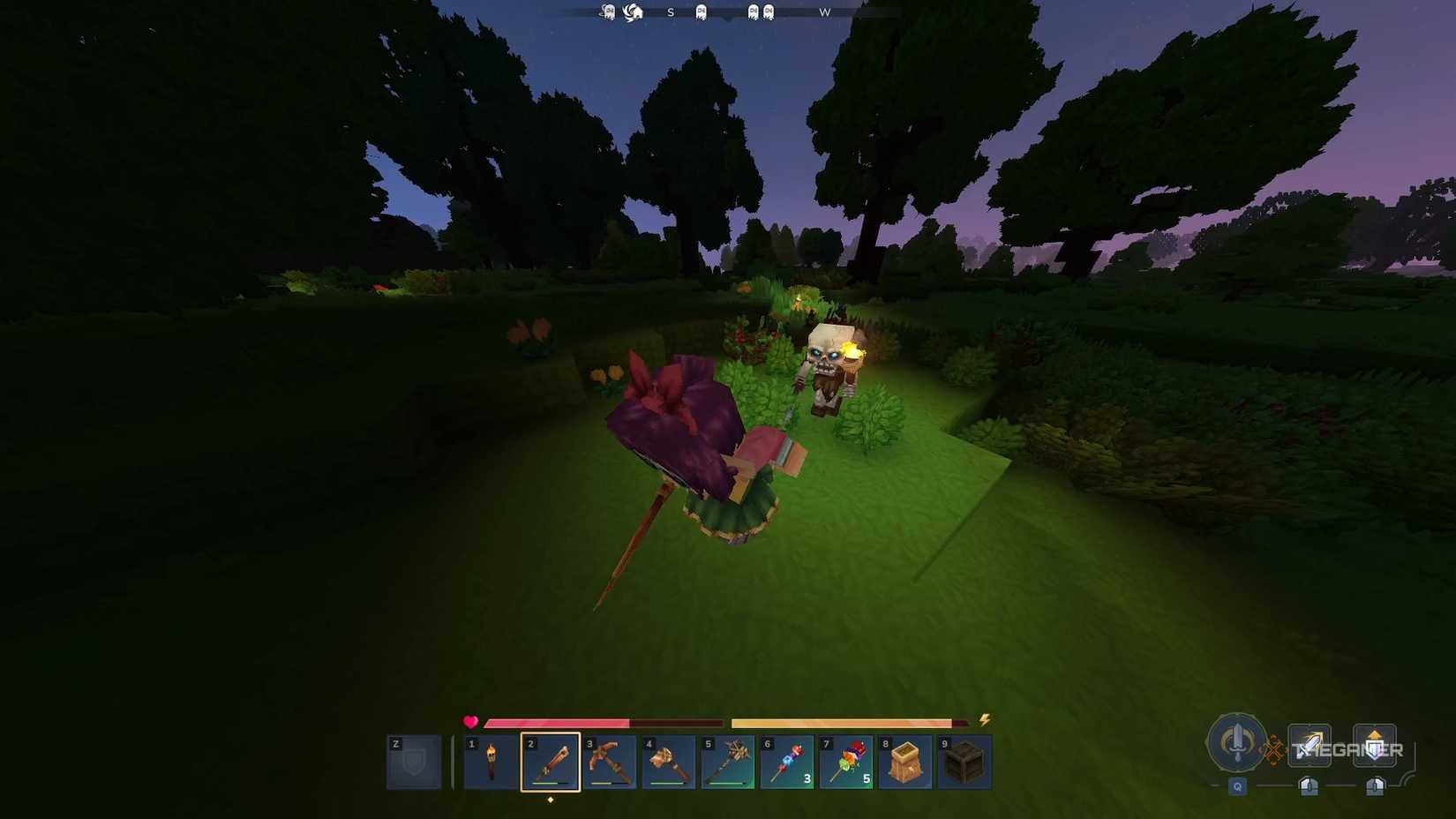 Running from a skeleton in the Emerald Wilds in Hytale.