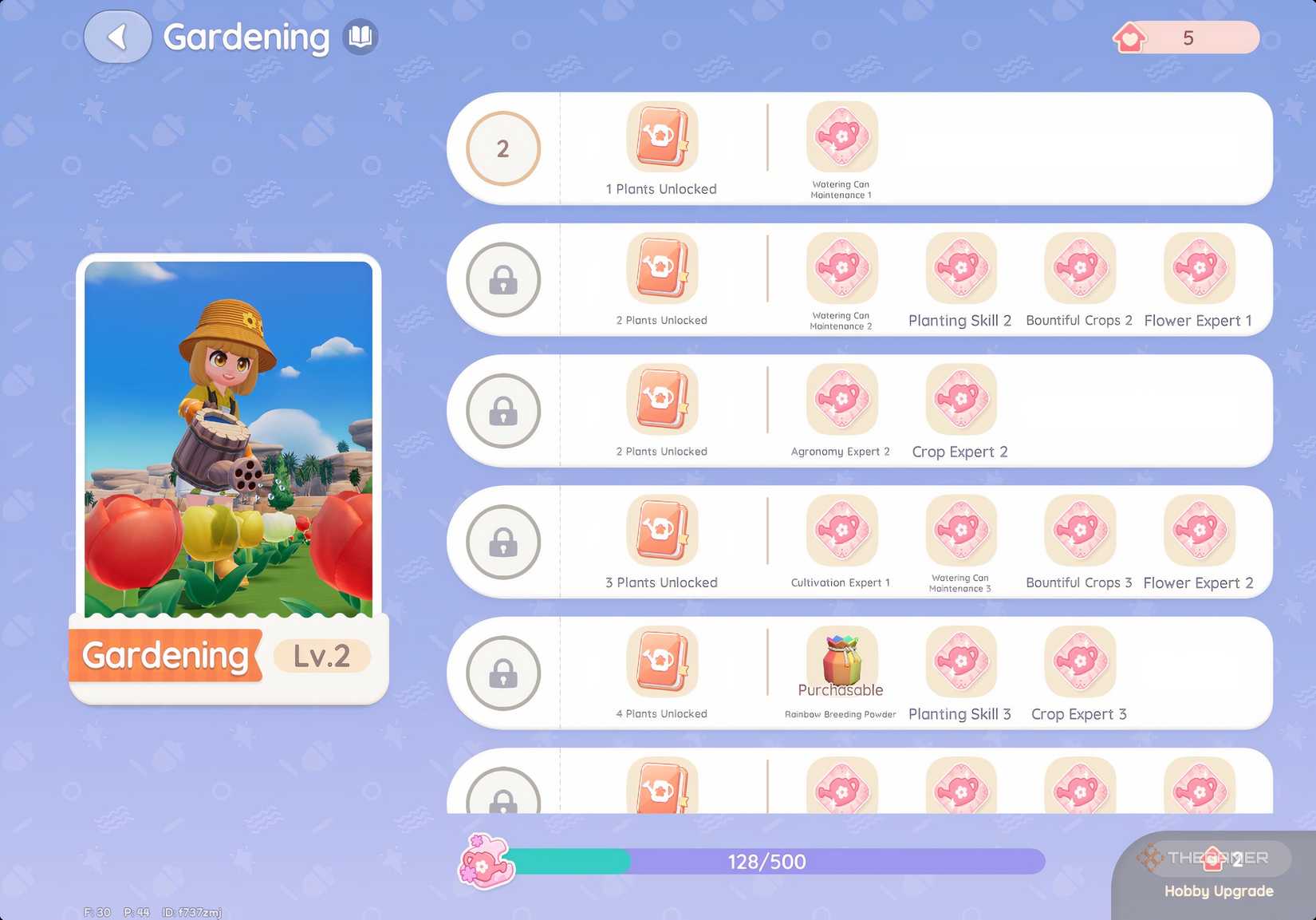 Overview of the garden hobby upgrades in Heartopia.