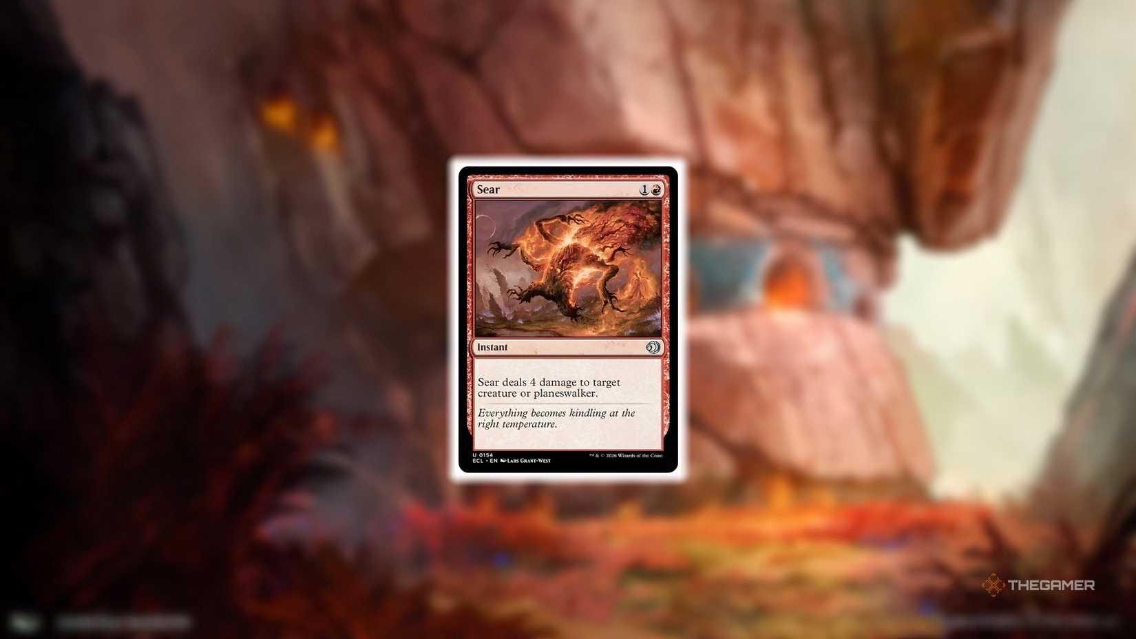 Sear card art from MTG Lorwyn Eclipsed against a mountain background.