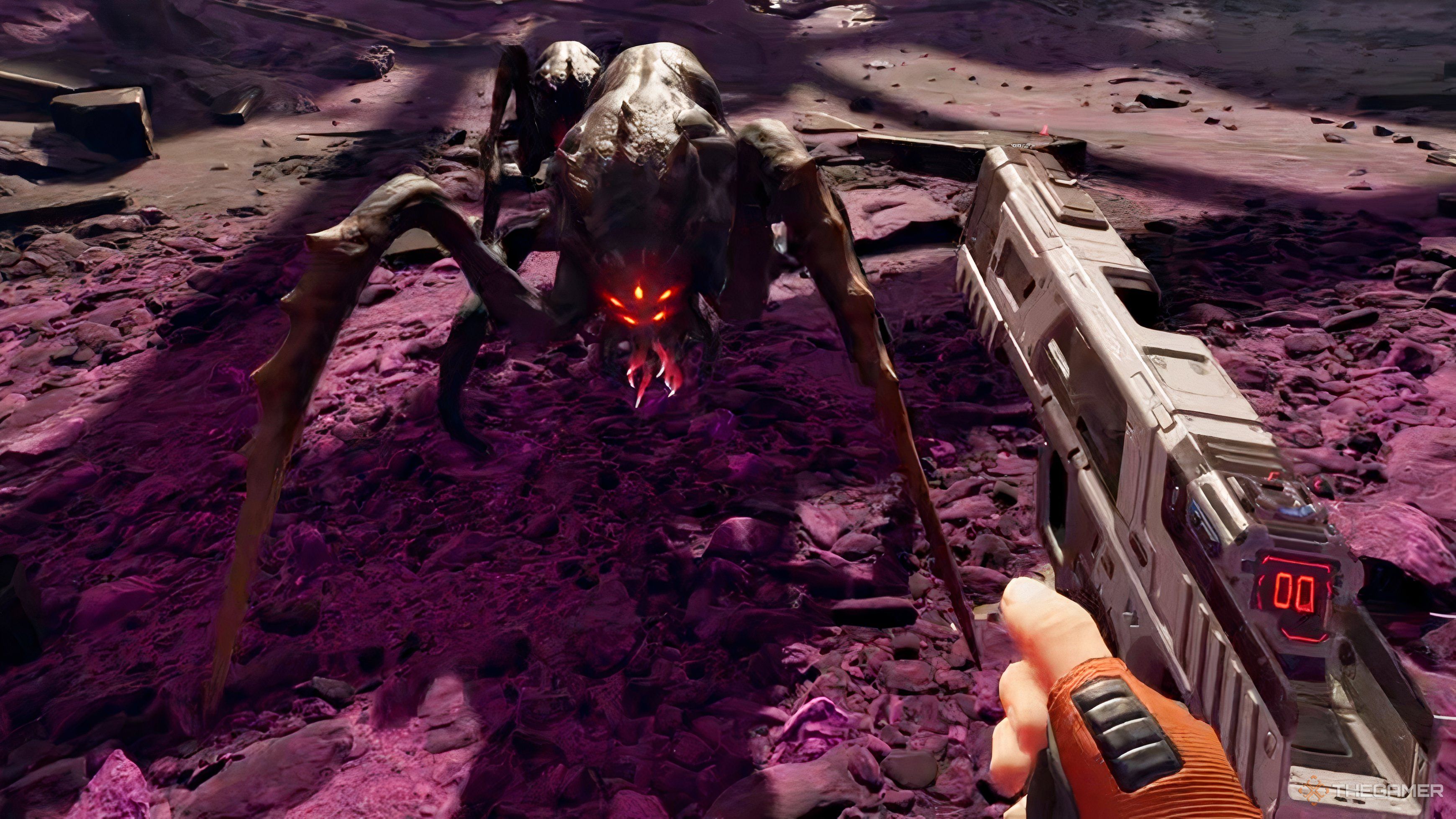 Shoot spiders with guns in StarRupture.