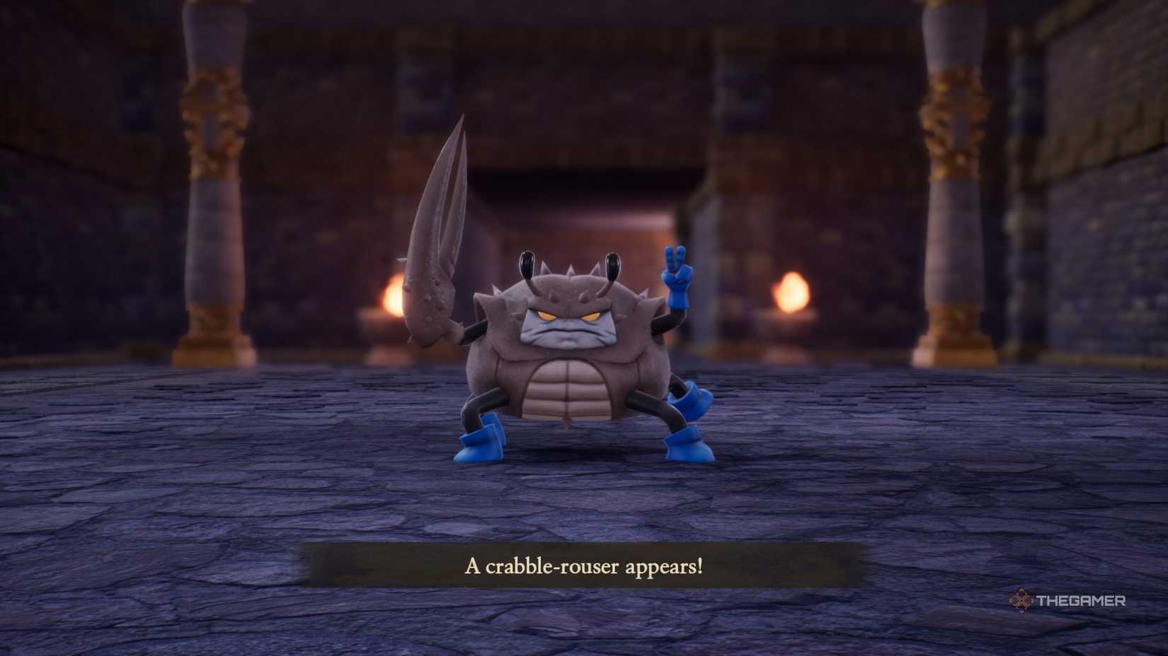 The beginning of the fight against the Crabble-Rouser, a giant grey crab, in Dragon Quest 7 Reimagined.