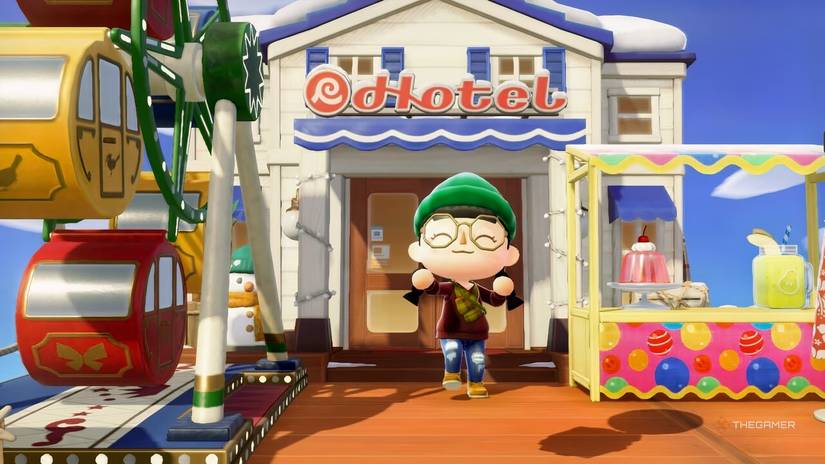 The entrance to the hotel resort at Animal Crossing New Horizons is decorated as a boardwalk.