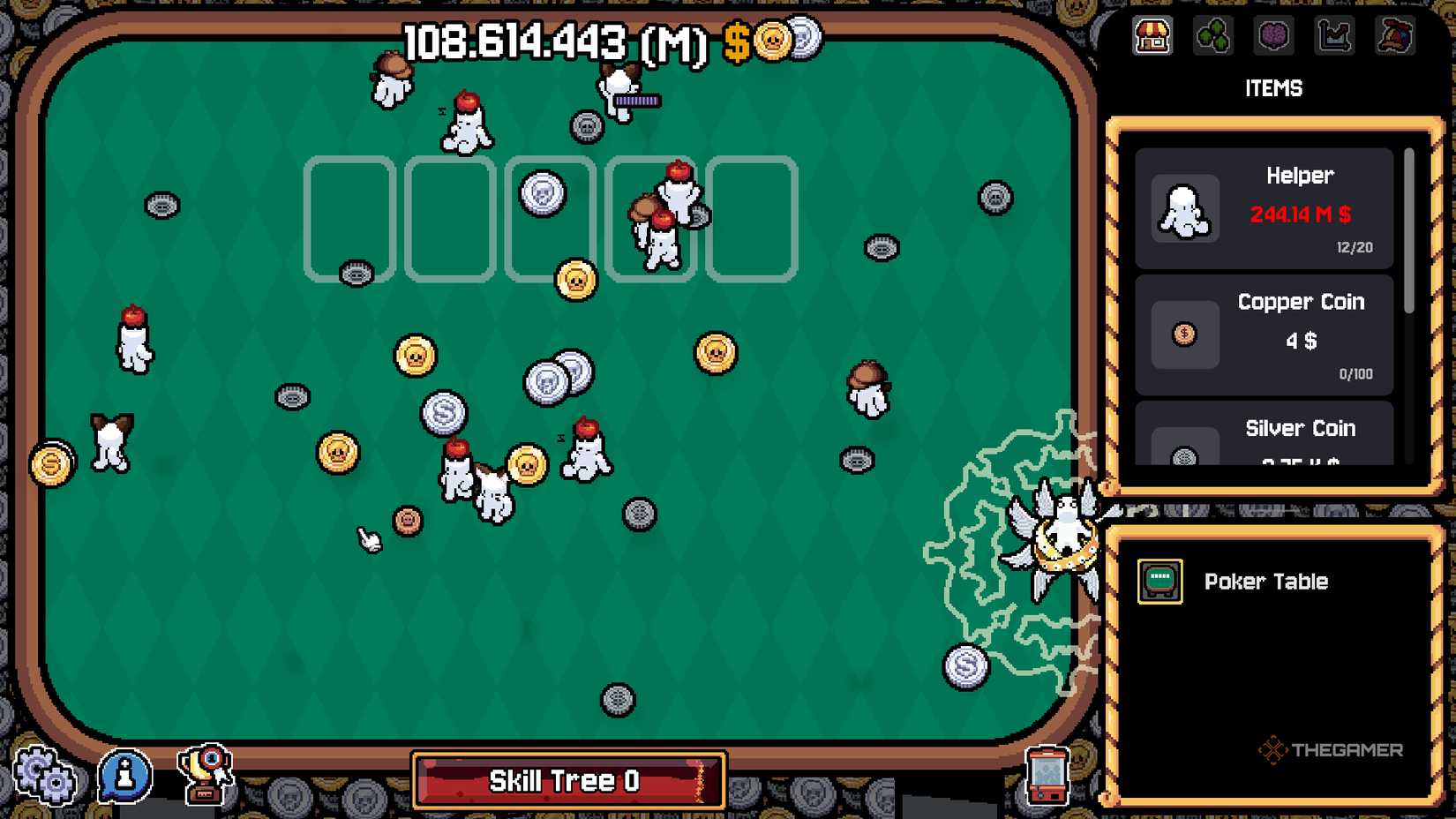 A poker table covered in different coins on the gambling table.