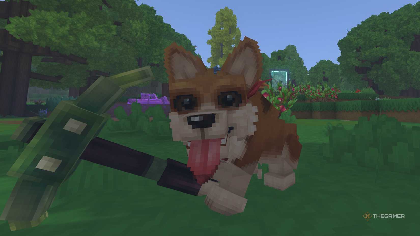 The protagonist after morphing into a dog, holding a pickaxe in Hytale.