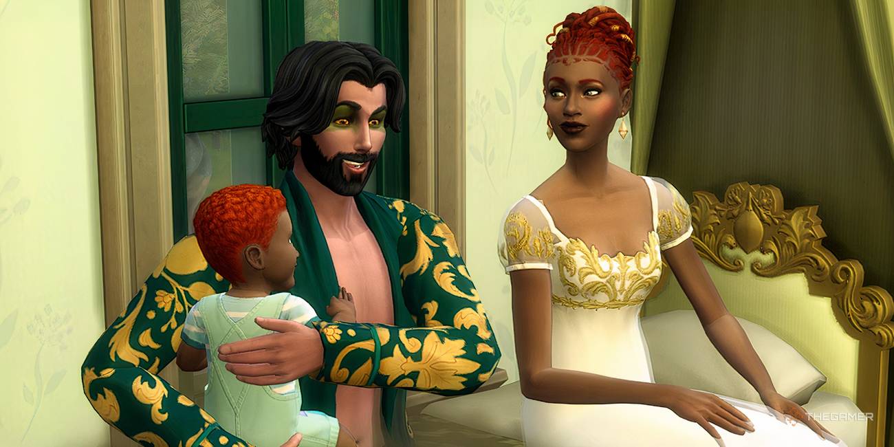The Sims 4 Royalty and Legacy family of three, including the frog prince and his infant son in the green bedroom.